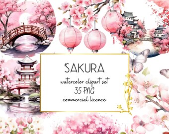 Bundle de cliparts aquarelle Sakura, clipart aquarelle fleurs de cerisier, fleurs printanières et arbres clipart aquarelle, clipart aquarelle Japon