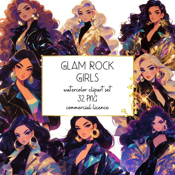 Glam Rock Girls aquarel clipart bundel, rock stijl meisje clipart, rock fashion clipart, party girl aquarel clipart, mooi glamour meisje