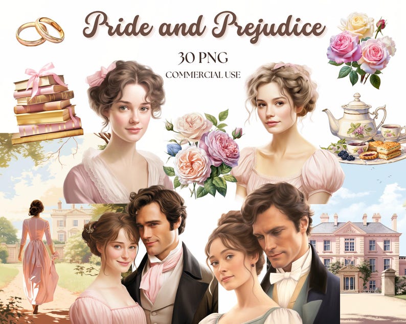 Pride and Prejudice Watercolor Clipart Bundle, Jane Austen Printable ...