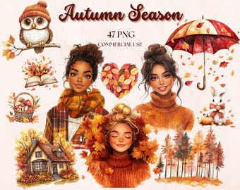Autumn Season Watercolor Clipart, Fall Clipart, Cottagecore, Pumpkin Clipart, Autumn Leaves PNG, Autumn Fashion Clipart, Autumn Journaling