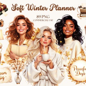 May include: Digital artwork with three women, a typewriter, books, a camera, and winter-themed items. The text says "Soft Winter Planner" and "89 PNG Commercial Use". The colour scheme is warm and inviting, with a focus on soft tones.