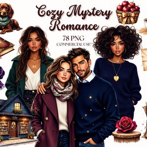 Op de afbeelding: Digitale illustratie met de tekst "Cozy Mystery Romance" en "78 PNG COMMERCIAL USE". De afbeelding bevat illustraties van mensen, een hond, een huis, een boek, een mand met appels, een kopje thee, een roos, een vergrootglas, een perkament en een sjaal.