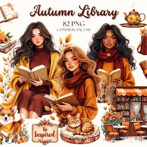 Autumn Library Clipart: Watercolor Bookworm Cottagecore Graphics (PNG, Commercial Use)