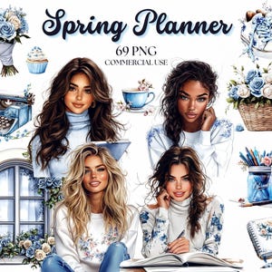 May include: A digital illustration set of 69 spring planner graphics. The set includes four women with long hair, a typewriter, a cupcake, a cup of tea, a window, a basket of flowers, a jar of pencils, a notebook, and a pair of sneakers.