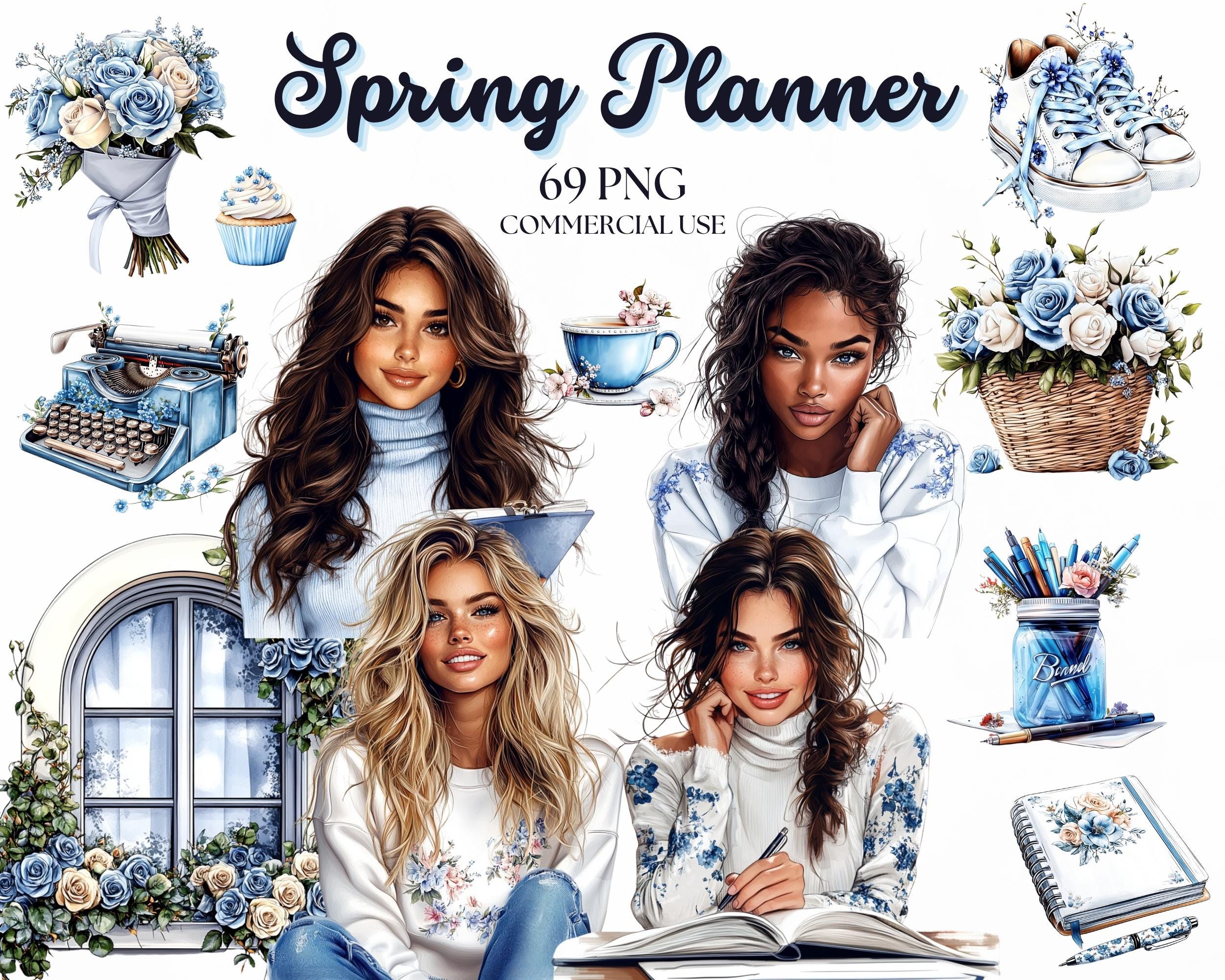 Spring Planner Watercolor Clipart: Cottagecore Journal Digital Stickers (PNG, Commercial Use)