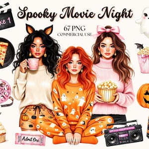 Halloween Movie Night Clipart: Spooky Autumn Graphics (PNG, Commercial Use Allowed)