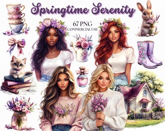 Springtime Serenity Clipart Bundle: Watercolor Floral Cottage, Animals & Garden PNGs (67 PNGs, Commercial Use)