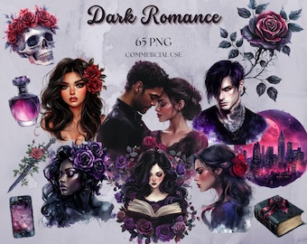 Dark Romance Clipart: Watercolor Noir Rose PNG Bundle (Commercial Use)