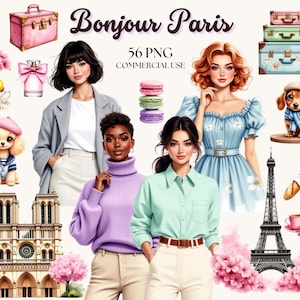 Paris Watercolor Clipart, Paris Travel, Eiffel Tower, Notre Dame, France Clipart, Paris Illustrations, Paris Fashion, Digital Stickers