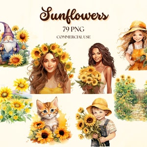 Sunflower Watercolor Clipart, Sunflower Summer Floral Graphics, Sunflower Illustrations, Sunflower, Paper craft - Junk Journal, Scrapbooking