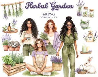 Herbal Garden Clipart: Lavender, Apothecary, Cottagecore (69 PNGs, Commercial Use)