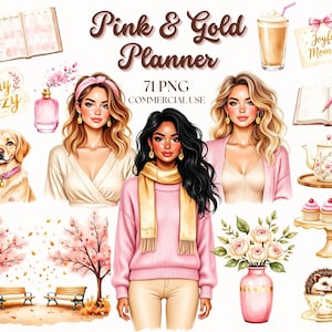 Pink and Gold Planner Clipart: Feminine Office Graphics (PNG, Commercial Use)