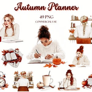 Autumn Planner Clipart, Cozy Planner Clipart, Autumn Bookworm Clipart, Book Lover PNG, Planner Girl PNG Bundle, Journaling, Boho Planner