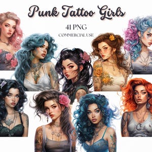 Paquete de imágenes prediseñadas de chicas tatuadas punk, chicas tatuadas, chicas góticas, diseño de sublimación, diario basura de fantasía, efímeras de cuentos de hadas, álbumes de recortes