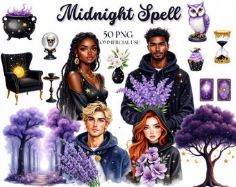 Midnight Spell Clipart: Night Garden Lavender Witch Digital Stickers (PNG, Commercial Use)