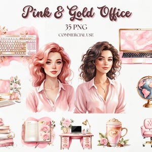 Watercolor Office Clipart Bundle, Pink and Gold Watercolor Office PNG Collection, Girl Boss Clipart, Boss Babe PNG, Scrapbooking, Journaling