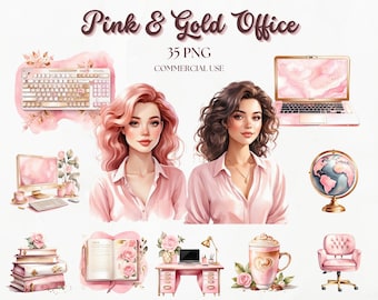 Watercolor Office Clipart Bundle, Pink and Gold Watercolor Office PNG Collection, Girl Boss Clipart, Boss Babe PNG, Scrapbooking, Journaling