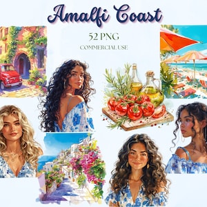 Watercolor Amalfi Coast Clipart: Italy Summer Travel (52 PNGs, Commercial Use)