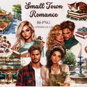 以下が含まれることがあります： 小さな町のロマンスをテーマにしたデジタルイラスト。カップル、市場、噴水、レコードプレーヤー、本を読む猫、表紙にハートマークのついた本が描かれています。画像には「Small Town Romance」と「86 PNG Commercial Use」のテキストが含まれています。