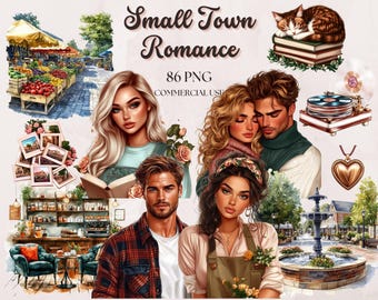 Watercolor Romance Clipart: Small Town Book Lover PNG Stickers (86 PNGs, Commercial Use)