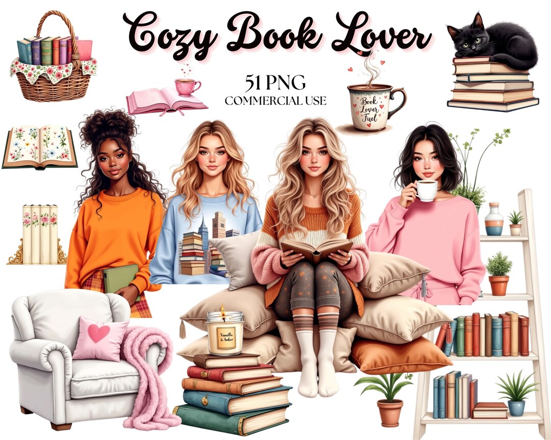 Cozy Book Lover Clipart: Book & Reading PNG Bundle (51 Pngs, Commercial ...