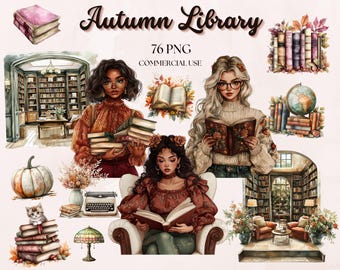 Autumn Library Clipart, Autumn Bookworm, Fall Clipart, Cottagecore, Pumpkin, Autumn Season,  Autumn Fashion Clipart, Autumn Journaling