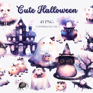 Pastel Halloween Clipart Bundle: Kawaii Ghosts, Pumpkins (45 PNGs, Commercial Use)