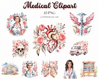 Medical Watercolor Clipart Set, Healthcare Clipart, Floral Medical Elements, Boho Medical Clipart, Nurse Clipart,  Sublimation, Scrapbook