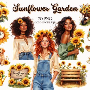 Sunflower Clipart, Sunflower Garden, Summer Clipart, Summer Florals, Sunflower Illustrations, Summer Fashion, Rustic Summer, Commercial Use