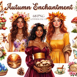 Watercolor Autumn Enchantment Clipart: Cottagecore Digital Stickers (PNG, Commercial Use)