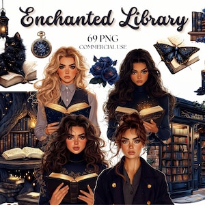 Puede incluir: Cuatro mujeres con cabello largo y oscuro están leyendo libros en un entorno de biblioteca mágica. Los libros brillan con luz. Hay velas, un gato, un reloj y una mariposa en la imagen. El texto "Enchanted Library" y "69 PNG Commercial Use" es visible en la imagen.
