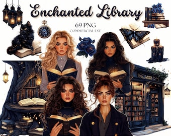 Enchanted Library, Book Lover Clipart, Midnight Library, Magic Clipart, Gothic Library, Digital Stickers, Commercial Use, Whimsical Stickers