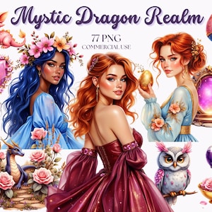 Puede incluir: Ilustración digital titulada "Mystic Dragon Realm" con ilustraciones de fantasía. Incluye un dragón rosa, mujeres con vestidos, un búho, una gema en forma de corazón y una estatua de dragón entre rosas. También incluye el texto "77 PNG COMMERCIAL USE".
