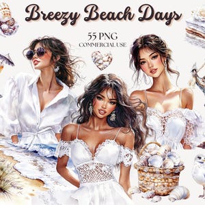 Neutral Beach Clipart, Ocean Clipart, Summer Clipart, Seashell, Sandcastle, Palm Tree, Beach Girls, Beach Fashion, Summer Travel, Vacation
