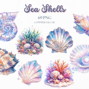 Puede incluir: Un conjunto de 69 ilustraciones digitales de conchas marinas iridiscentes en varias formas y tamaños. Las conchas están pintadas en un estilo acuarela con un brillo nacarado. El conjunto incluye una variedad de conchas, incluyendo un nautilus, una vieira y una concha. Las ilustraciones son perfectas para agregar un toque de fantasía y elegancia a tus diseños.