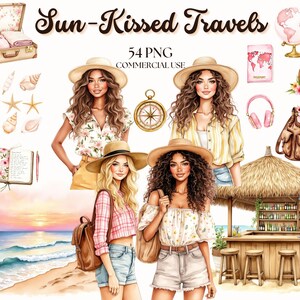 Summer Travel Clipart, Vacation, Summer Fashion, Summer Girls, Watercolor Summer, Chic Travel Clipart, Travel Journal, Journal Stickers