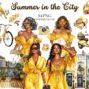 Clipart città estiva, viaggi estivi, clipart estate, estate urbana, ragazza alla moda, ragazza di città, viaggi estivi, vacanze, adesivi digitali
