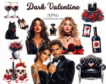 Dark Valentine Clipart: Elegant Romance & Modern Chic Love PNG Bundle (71 PNGs, Commercial Use)
