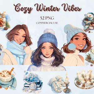 Watercolor Winter Clipart Bundle: Cozy Sweaters, Drinks, Decor (52 PNGs, Commercial Use