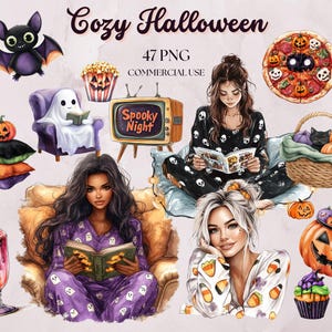 Cozy Halloween Clipart, Halloween Evening, Spooky Pajama Night, Watercolor Halloween Clipart, Halloween Coffee Clipart, Cute Halloween PNG