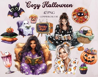 Cozy Halloween Clipart: Watercolor Spooky Pajama Night PNG Bundle (47 PNGs, Commercial Use)