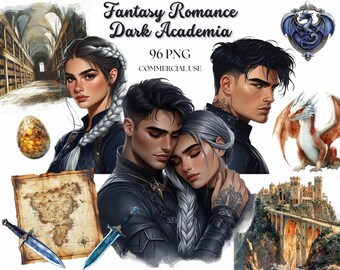 Fantasy Romance Clipart: Dark Academia, Dragon Raiders PNG Bundle (96 PNGs, Commercial Use)