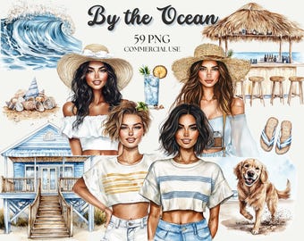 Beach Day Clipart, Ocean Clipart, Summer Clipart, Seashell, Sandcastle, Palm Tree, Beach Girls, Beach Fashion, Summer Travel, Vacation PNG