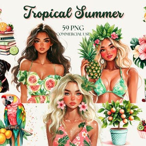 Clipart estival, fruits tropicaux, plage tropicale, plage d'été, mode estivale, ambiance estivale, heure d'été colorée, autocollants numériques d'été
