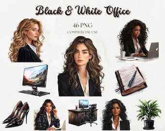 Watercolor Office Clipart Bundle, Black and White Watercolor Office PNG Bundle, Girl Boss Clipart, Boss Babe PNG, Scrapbooking, Journaling
