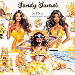 Sandy Sunset Clipart: Tropical Beach Summer PNG Bundle (58 PNGs, Commercial Use)
