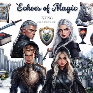 Clipart fantasy, Romantyzm, Wysoka fantasy, Elfy, Wiedźmy, Magia, Wróżki, Romantyczny mól książkowy, Miłośnik książek, Dziennik czytelniczy, Naklejki cyfrowe