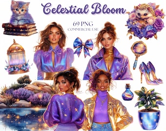 Celestial Bloom Clipart, Galaxy, Cosmic, Celestial Flowers, Magical PNG, Magical Garden, Whimsical Stickers, Commercial Use, Scrapbook