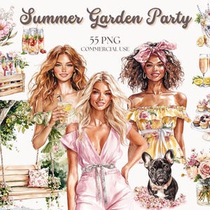 Clipart de jardín de verano, fiesta de verano, clipart de acuarela de verano, moda de verano, cottagecore de verano, flores de verano, pegatinas de diario