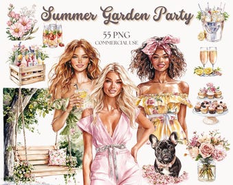 May include: A digital illustration of three women in summer dresses, a dog, and various summer party elements. The women are wearing floral dresses and have long hair. The dog is a French bulldog. The elements include a swing, a crate of drinks, cupcakes, flowers, and a glass of lemonade.